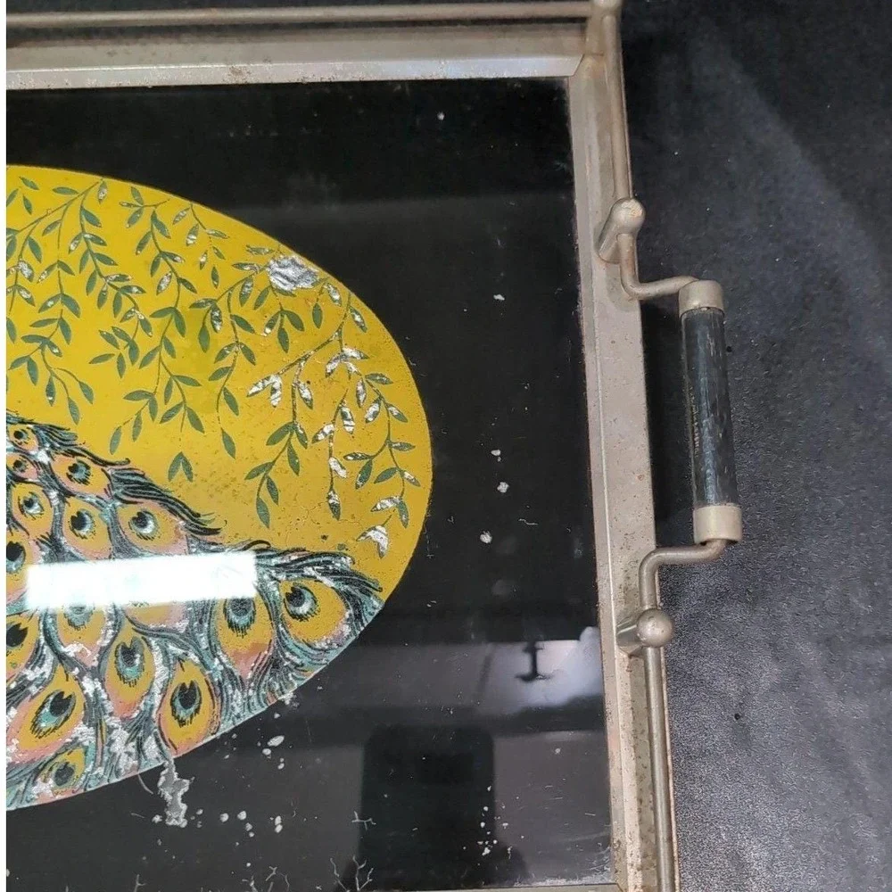 Peacock Serving Tray with Gold Foil Backing, Vintage Reverse Painted Carrier - Picture 7 of 10